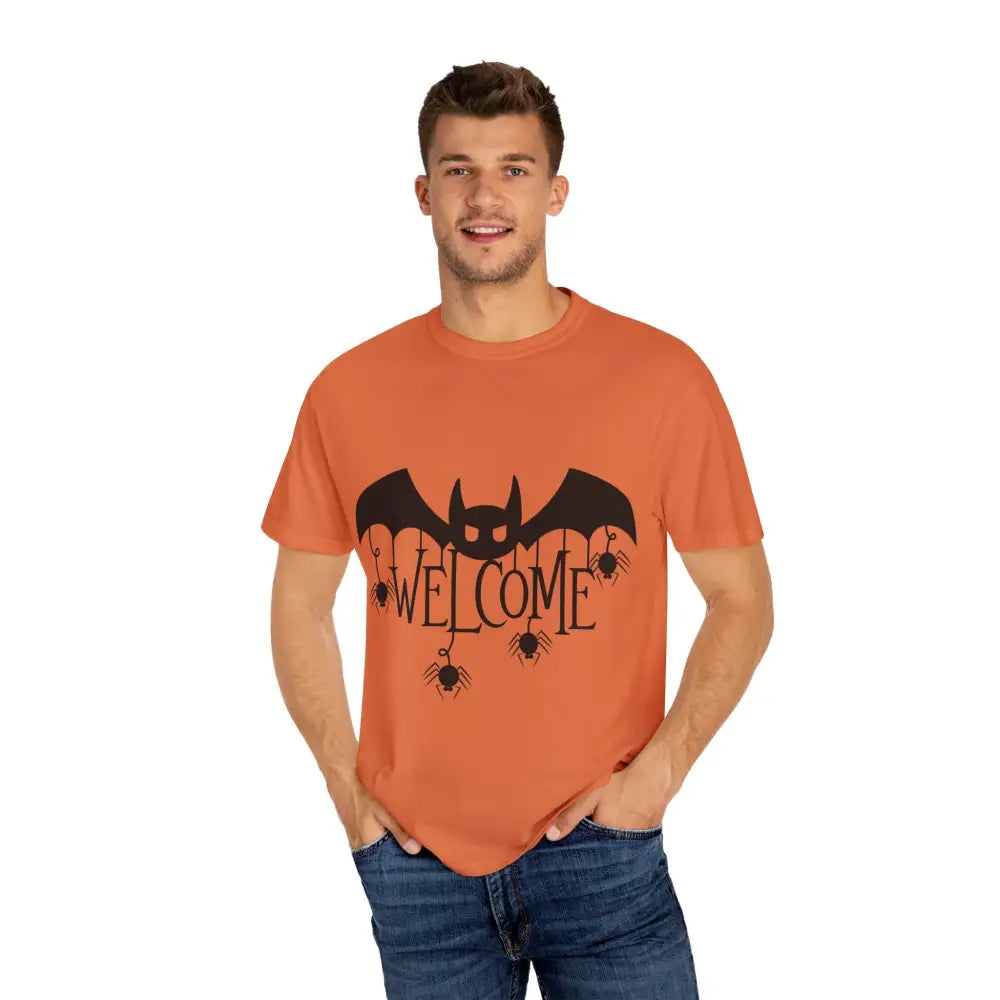 Halloween-Themed Unisex T-Shirt with Spooky Welcome Design Perfect for Fall Costume Parties Gift for Halloween Lovers
