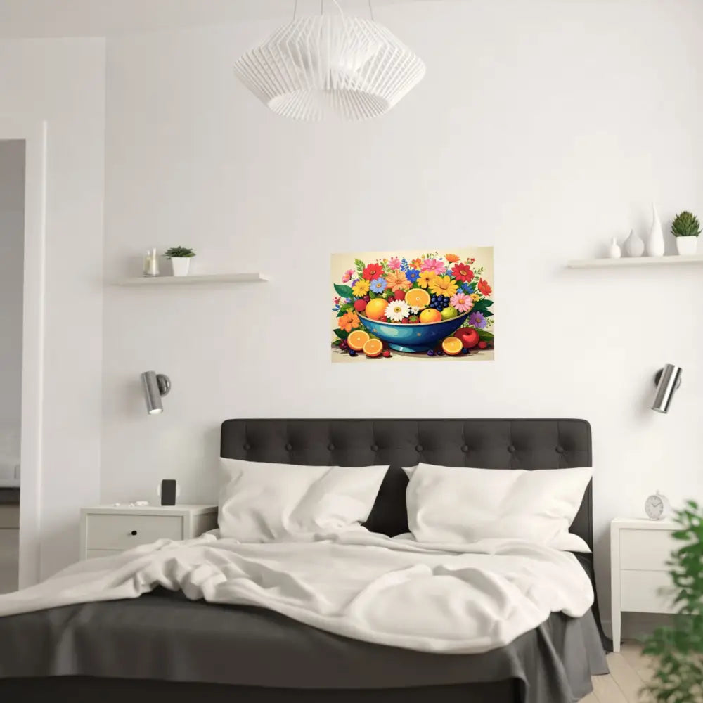 Nature’s Cornucopia: Vibrant Ceramic Bowl Overflowing Artistic Botanical Illustration Poster Poster