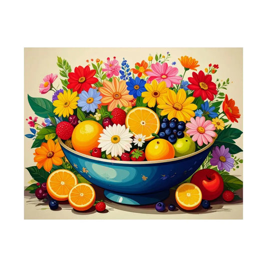 Nature’s Cornucopia: Vibrant Ceramic Bowl Overflowing Artistic Botanical Illustration Poster 14″ x 11″ Poster