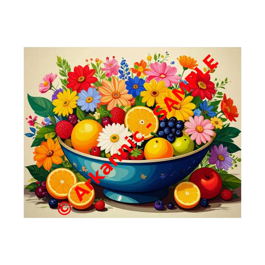 Nature’s Cornucopia: Vibrant Ceramic Bowl Overflowing Artistic Botanical Illustration Poster 14″ x 11″ Poster