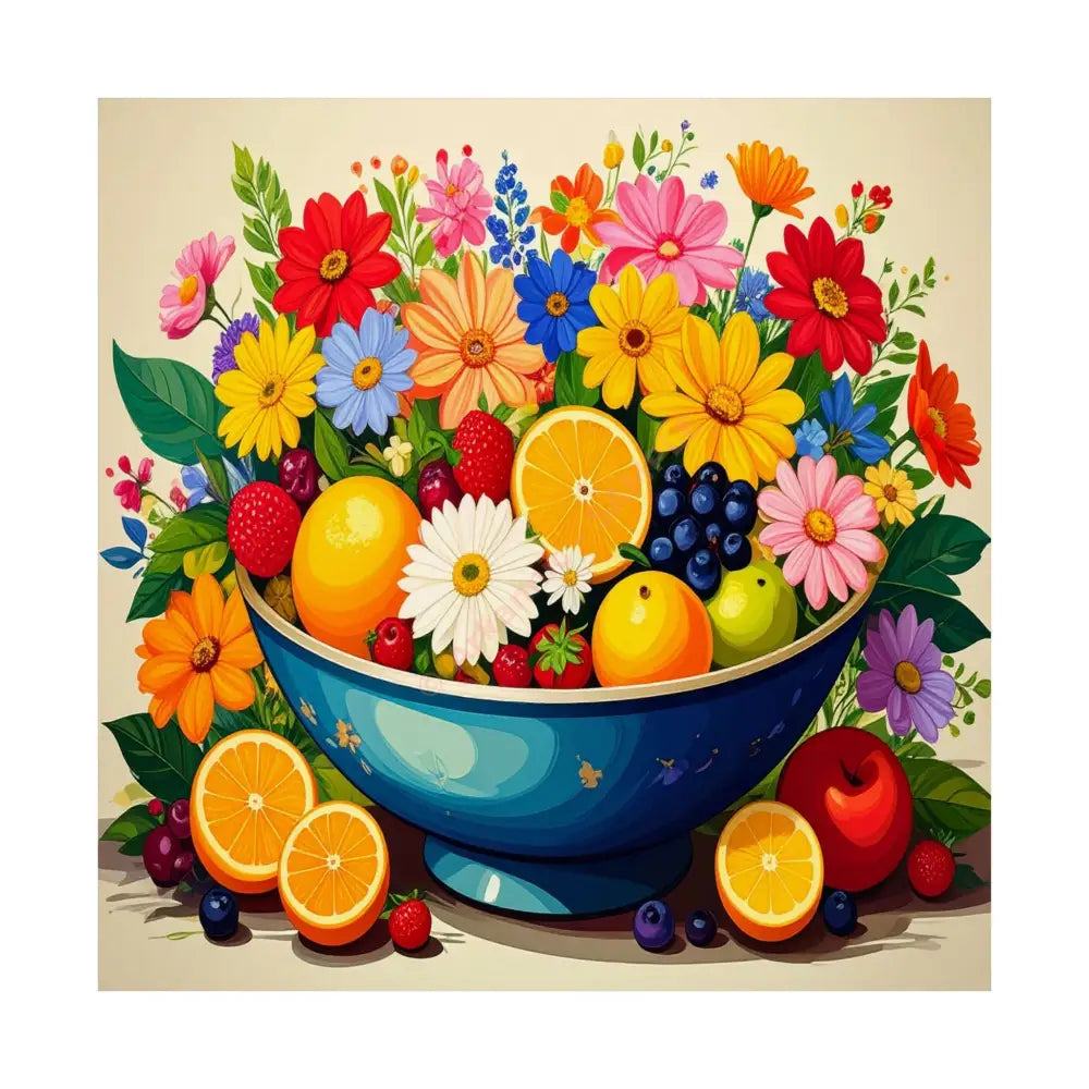 Nature’s Cornucopia: Vibrant Ceramic Bowl Overflowing Artistic Botanical Illustration Poster 14’’ x 14’’ Poster