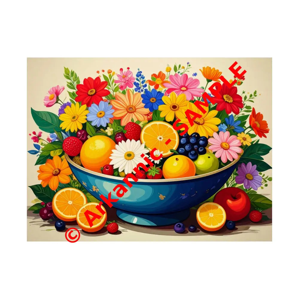 Nature’s Cornucopia: Vibrant Ceramic Bowl Overflowing Artistic Botanical Illustration Poster 24″ x 18″ Poster