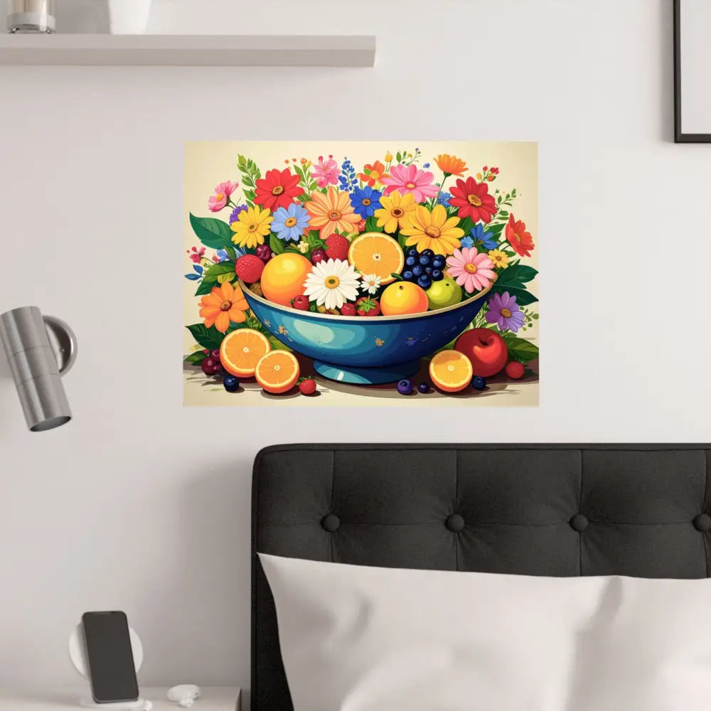 Nature’s Cornucopia: Vibrant Ceramic Bowl Overflowing Artistic Botanical Illustration Poster Poster