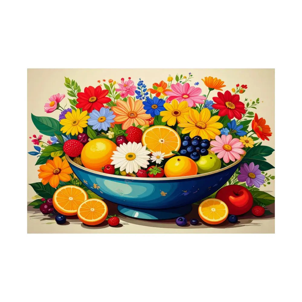 Nature’s Cornucopia: Vibrant Ceramic Bowl Overflowing Artistic Botanical Illustration Poster 30″ x 20″ Poster