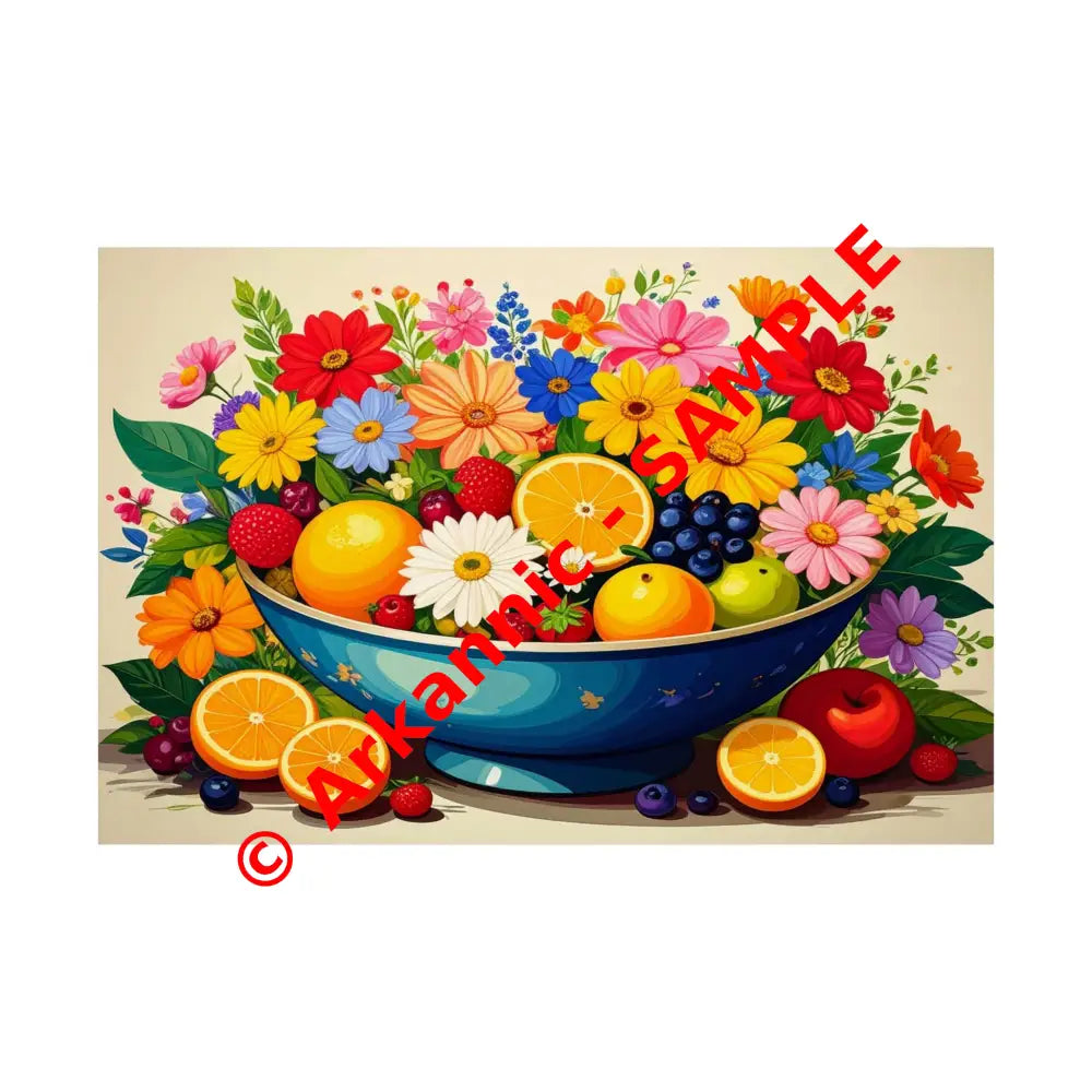 Nature’s Cornucopia: Vibrant Ceramic Bowl Overflowing Artistic Botanical Illustration Poster 30″ x 20″ Poster
