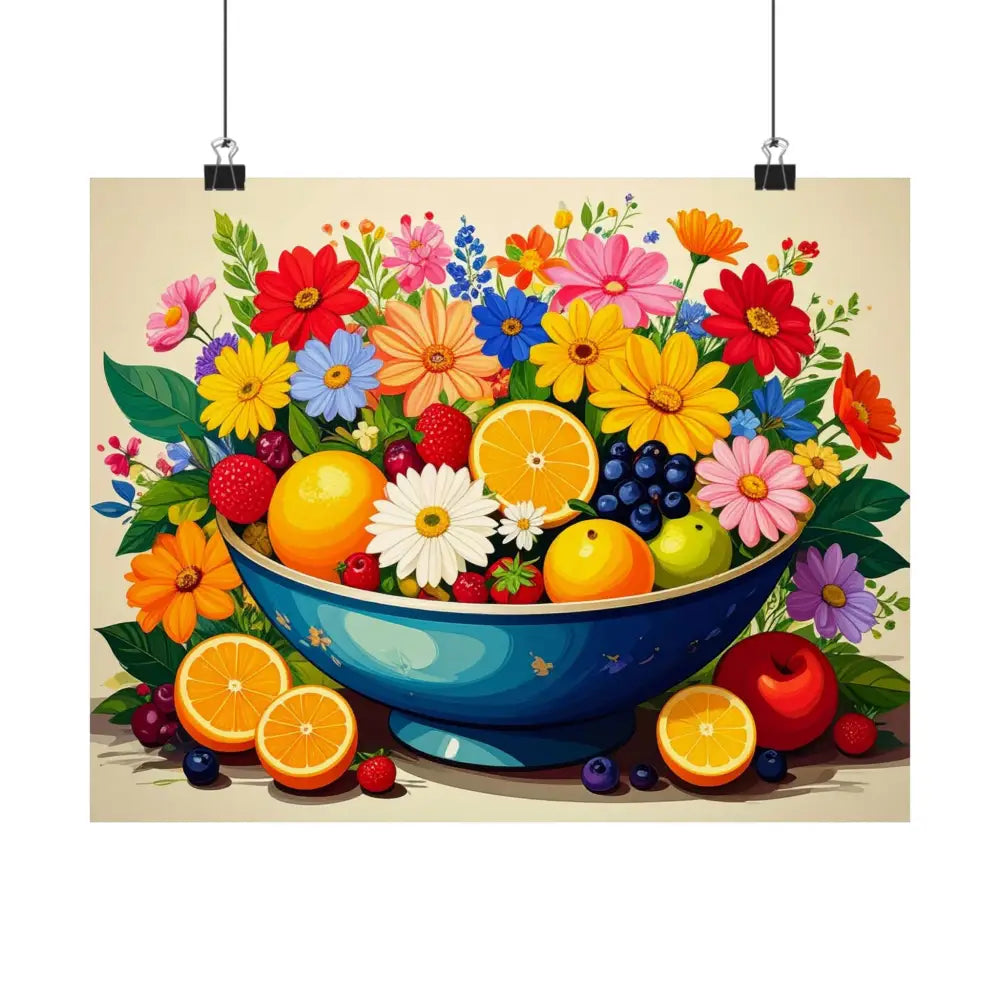 Nature’s Cornucopia: Vibrant Ceramic Bowl Overflowing Artistic Botanical Illustration Poster Poster