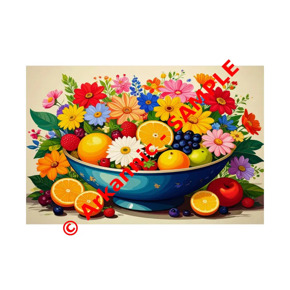 Nature’s Cornucopia: Vibrant Ceramic Bowl Overflowing Artistic Botanical Illustration Poster 36″ x 24″ Poster