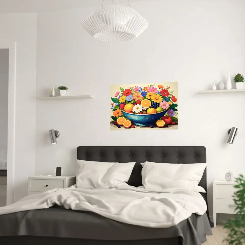 Nature’s Cornucopia: Vibrant Ceramic Bowl Overflowing Artistic Botanical Illustration Poster Poster