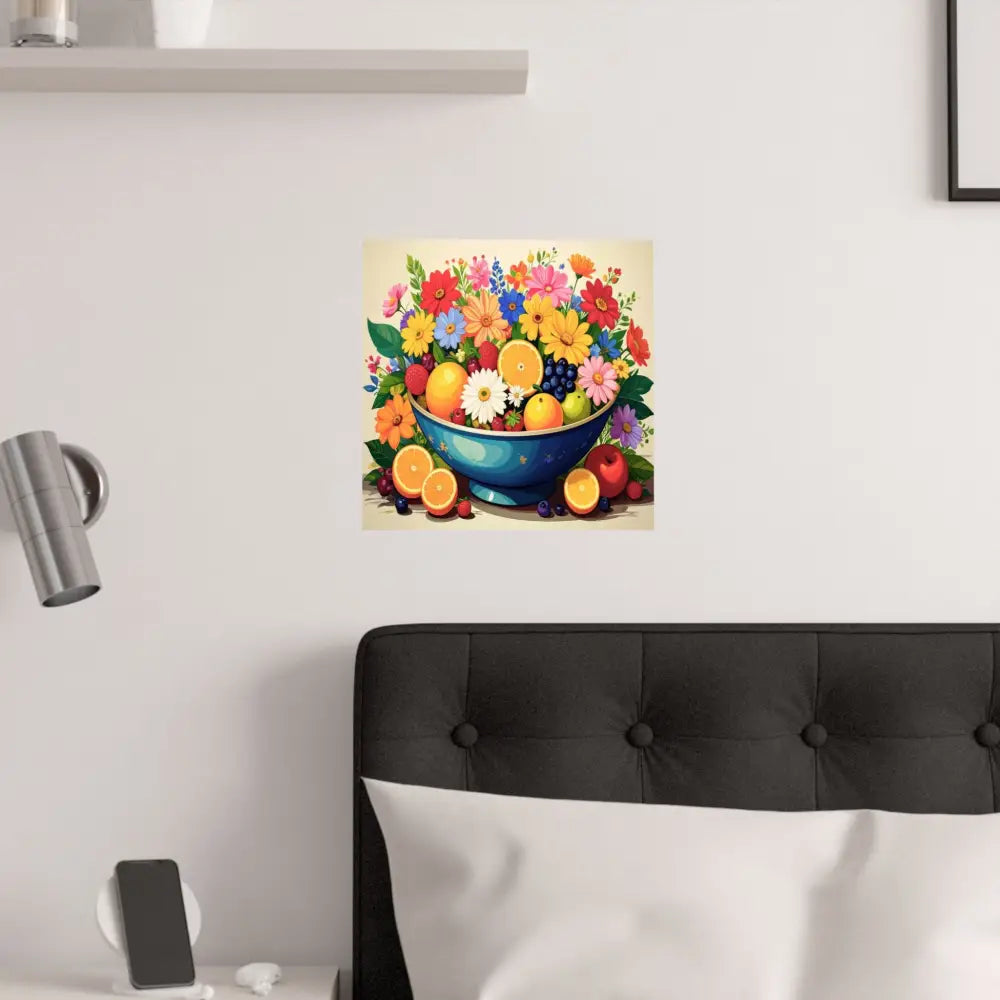 Nature’s Cornucopia: Vibrant Ceramic Bowl Overflowing Artistic Botanical Illustration Poster Poster