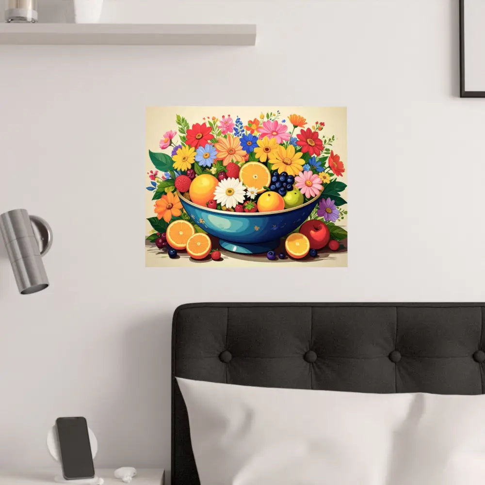 Nature’s Cornucopia: Vibrant Ceramic Bowl Overflowing Artistic Botanical Illustration Poster Poster