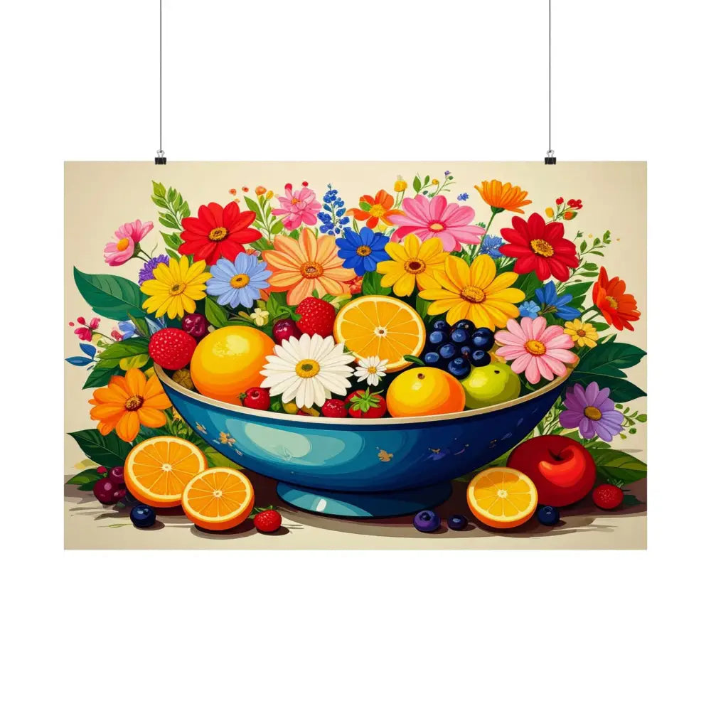 Nature’s Cornucopia: Vibrant Ceramic Bowl Overflowing Artistic Botanical Illustration Poster Poster