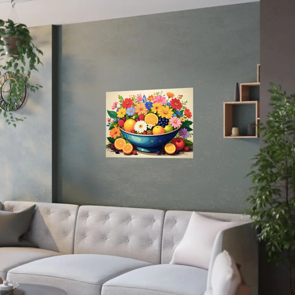 Nature’s Cornucopia: Vibrant Ceramic Bowl Overflowing Artistic Botanical Illustration Poster Poster
