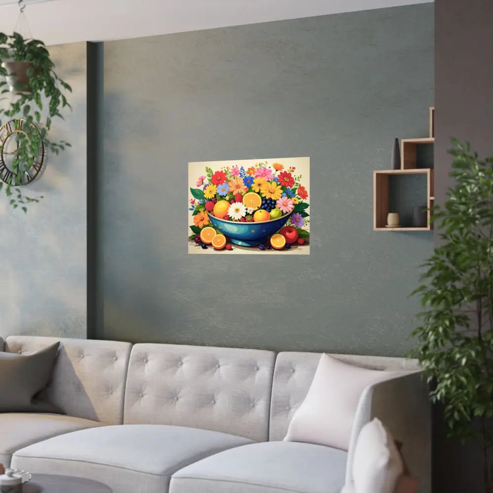 Nature’s Cornucopia: Vibrant Ceramic Bowl Overflowing Artistic Botanical Illustration Poster Poster