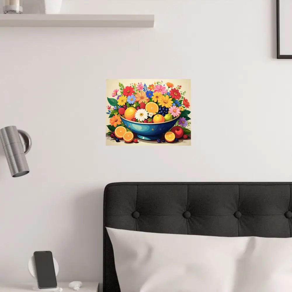 Nature’s Cornucopia: Vibrant Ceramic Bowl Overflowing Artistic Botanical Illustration Poster Poster