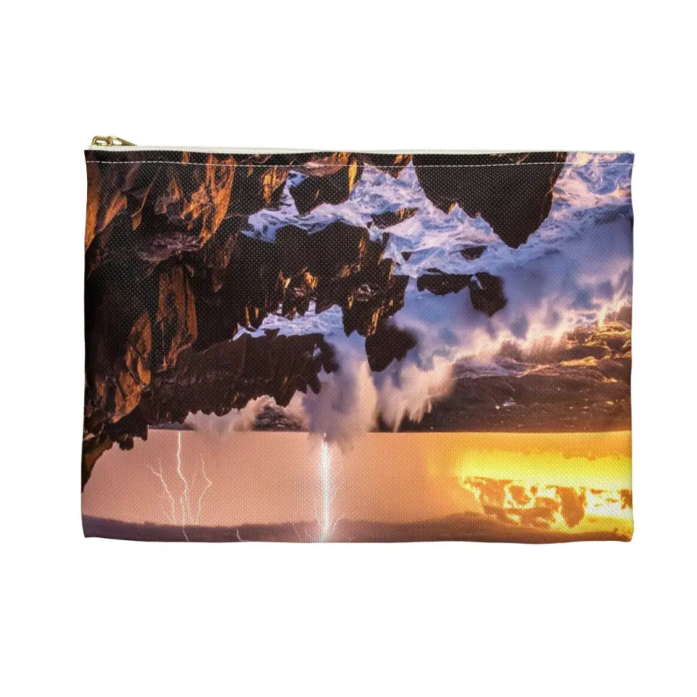 Nature’s Electrical Symphony: Coastal Lightning Storm Dramatic Seascape Panorama Accessory Pouch Bags