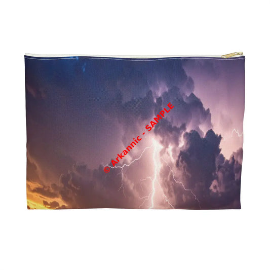 Nature’s Electrical Symphony: Coastal Lightning Storm Dramatic Seascape Panorama Accessory Pouch Large / White zipper