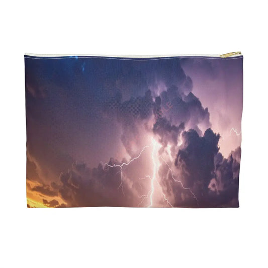 Nature’s Electrical Symphony: Coastal Lightning Storm Dramatic Seascape Panorama Accessory Pouch Large / White zipper