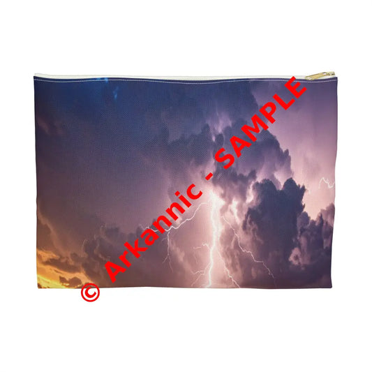 Nature’s Electrical Symphony: Coastal Lightning Storm Dramatic Seascape Panorama Accessory Pouch Large / White zipper