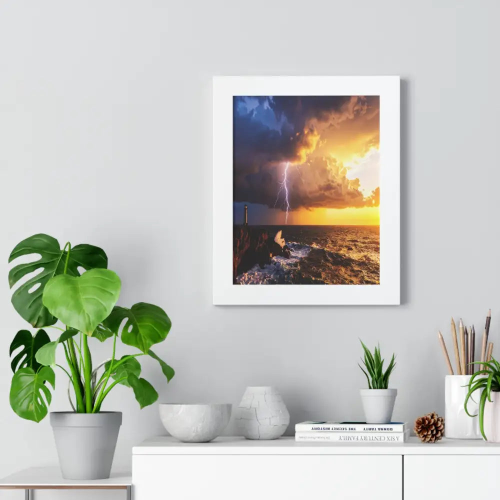 Nature’s Fury: Lighthouse Storm Sentinel Seascape Lightning SunsetFramed Verticle Poster Poster