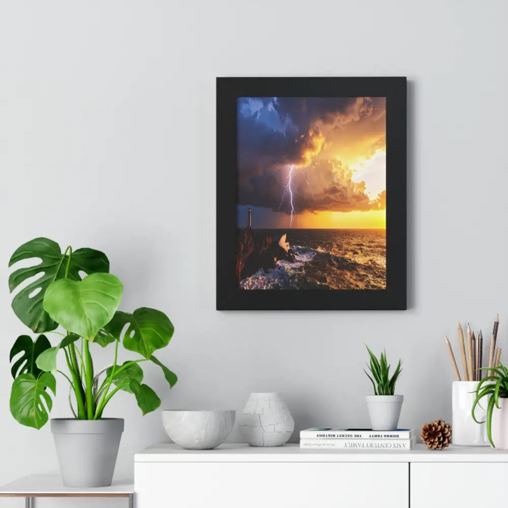 Nature’s Fury: Lighthouse Storm Sentinel Seascape Lightning SunsetFramed Verticle Poster Poster