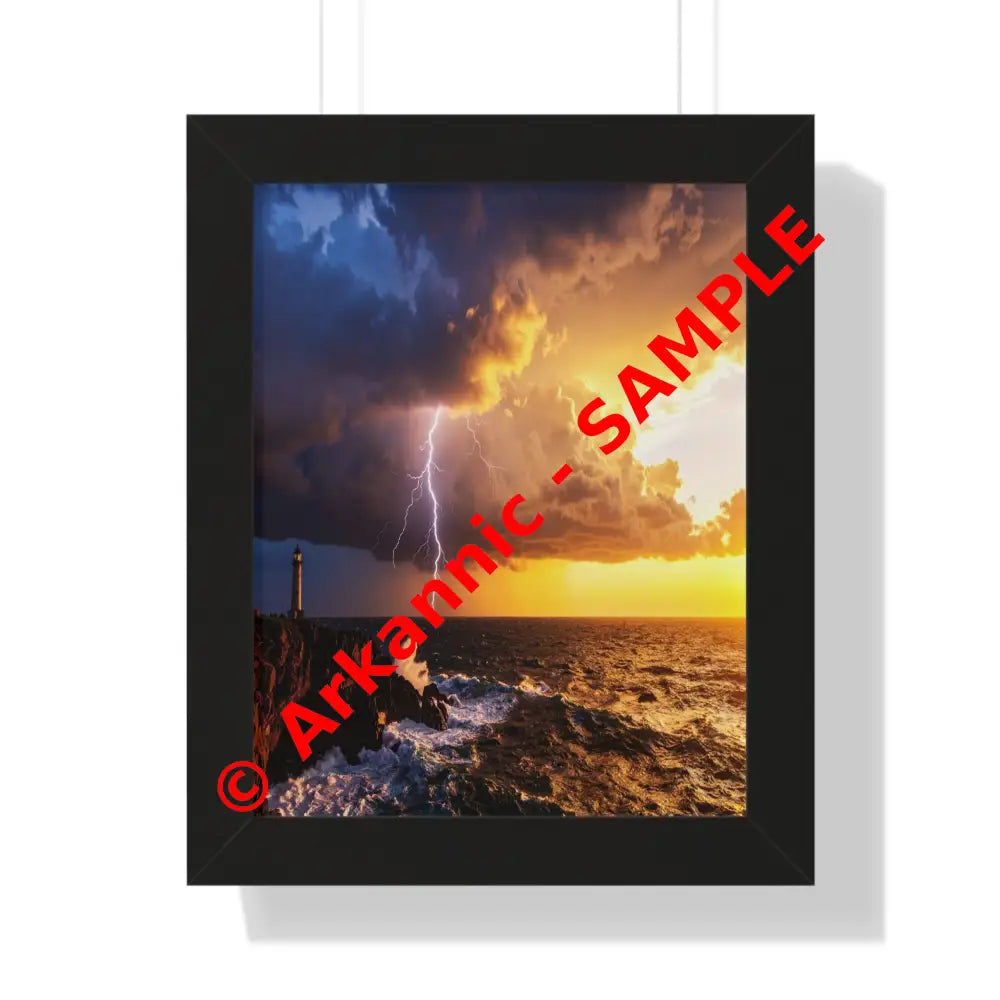 Nature’s Fury: Lighthouse Storm Sentinel Seascape Lightning SunsetFramed Verticle Poster Black / 11’’ x 14’’ Poster