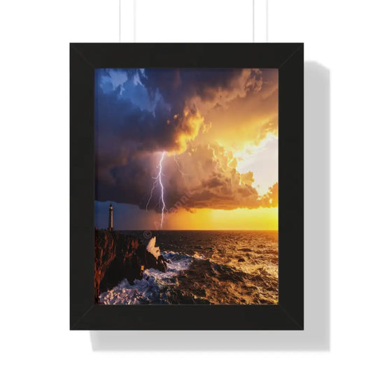 Nature’s Fury: Lighthouse Storm Sentinel Seascape Lightning SunsetFramed Verticle Poster Black / 11’’ x 14’’ Poster