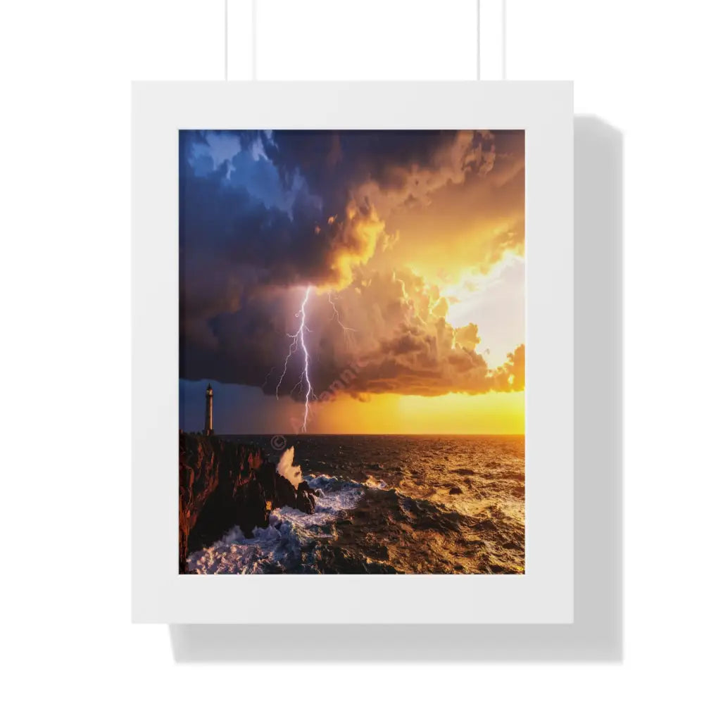 Nature’s Fury: Lighthouse Storm Sentinel Seascape Lightning SunsetFramed Verticle Poster White / 11’’ x 14’’ Poster