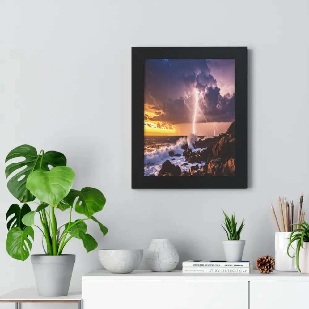 Nature’s Fury: Lightning Storm Seascape HDR Coastal LandscapeFramed Verticle Poster Poster