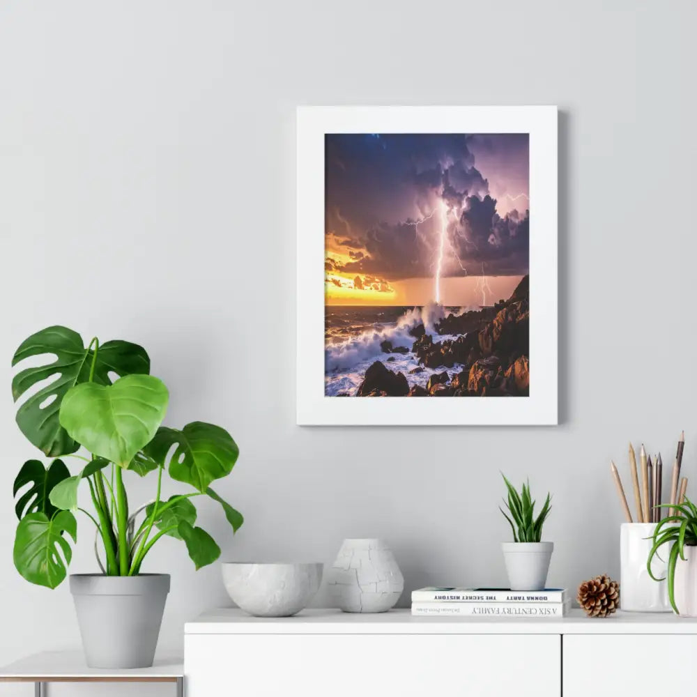 Nature’s Fury: Lightning Storm Seascape HDR Coastal LandscapeFramed Verticle Poster Poster