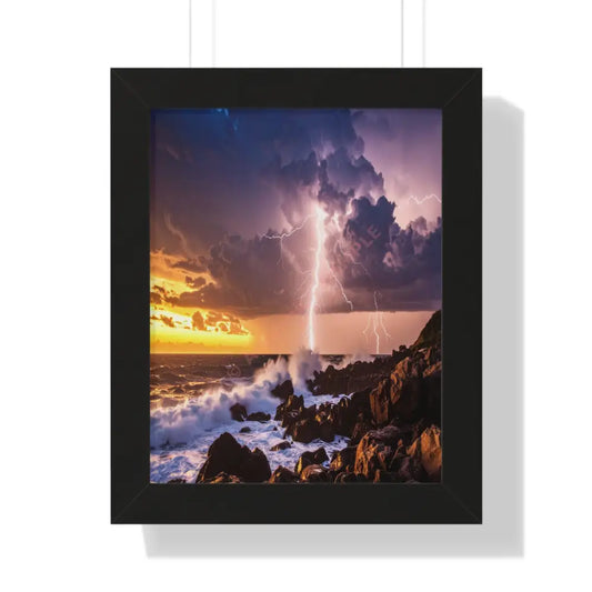 Nature’s Fury: Lightning Storm Seascape HDR Coastal LandscapeFramed Verticle Poster Black / 11’’ x 14’’ Poster