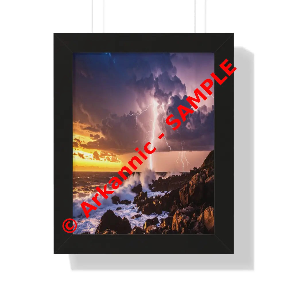 Nature’s Fury: Lightning Storm Seascape HDR Coastal LandscapeFramed Verticle Poster Black / 11’’ x 14’’ Poster