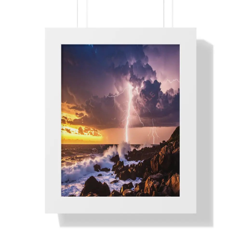 Nature’s Fury: Lightning Storm Seascape HDR Coastal LandscapeFramed Verticle Poster White / 11’’ x 14’’ Poster