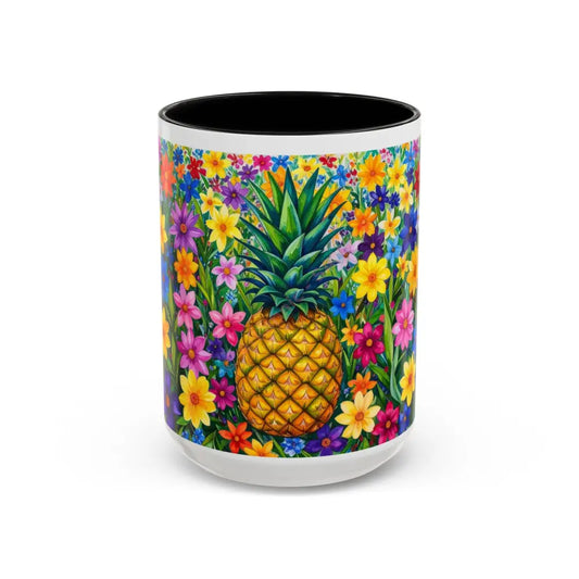 Pineapple Garden Coffee Mug | Colorful Tropical Floral Design | Bright Gift for Coffee & Tea Lovers 15oz / Black Mug