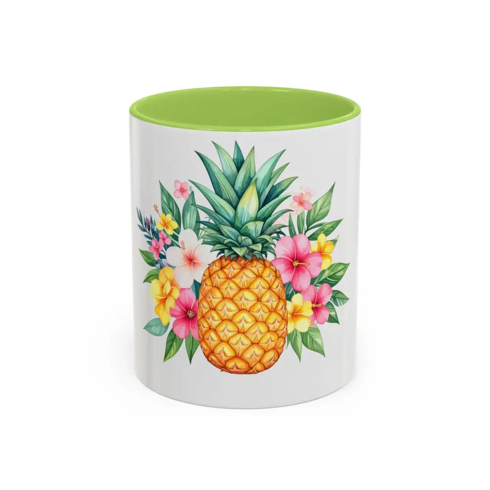 Pineapple & Tropical Flowers Coffee Mug | Bright Island Design | Fun Gift for Coffee & Tea Lovers 11oz / Light Green Mug