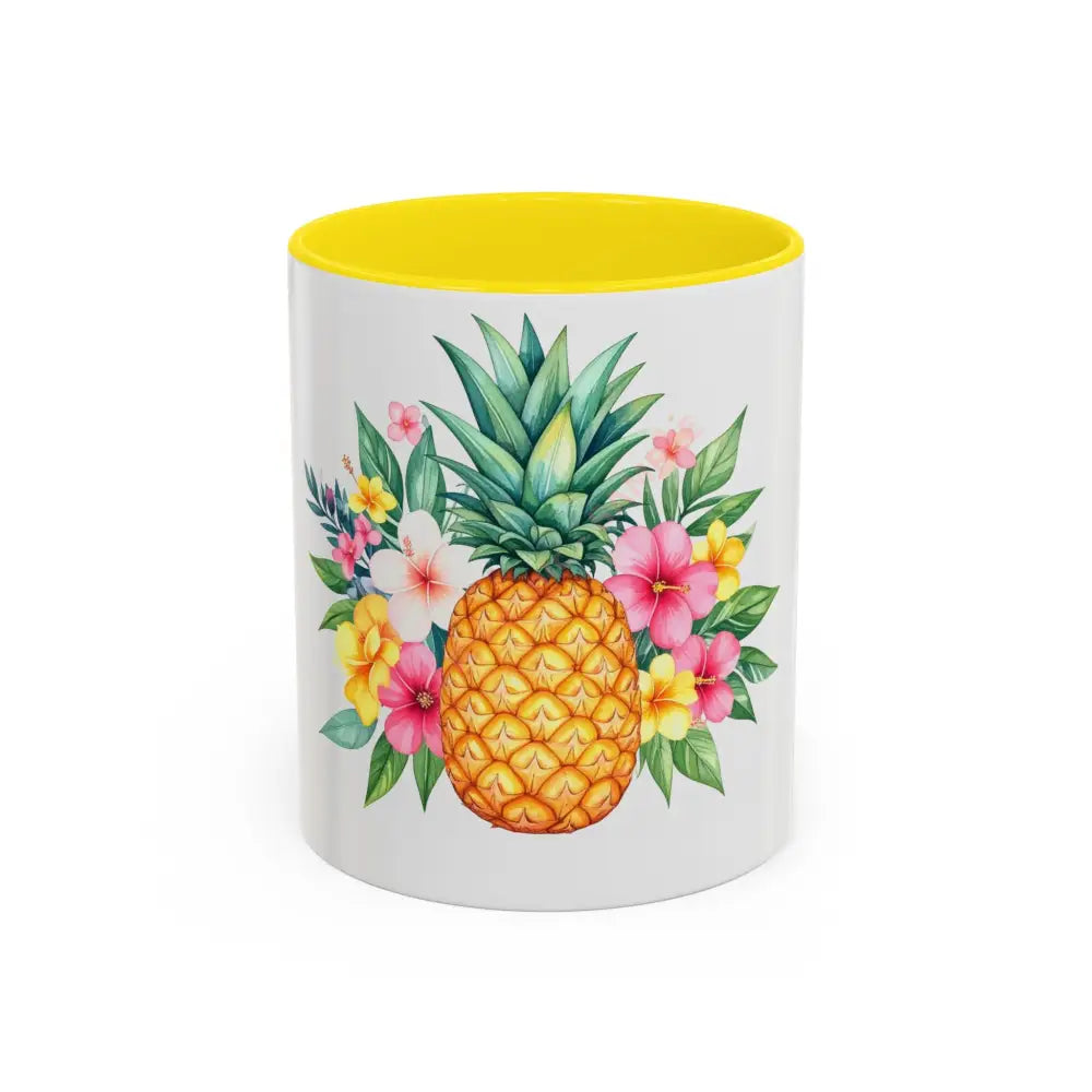 Pineapple & Tropical Flowers Coffee Mug | Bright Island Design | Fun Gift for Coffee & Tea Lovers 11oz / Yellow Mug