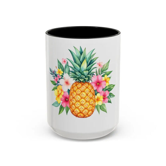 Pineapple & Tropical Flowers Coffee Mug | Bright Island Design | Fun Gift for Coffee & Tea Lovers 15oz / Black Mug