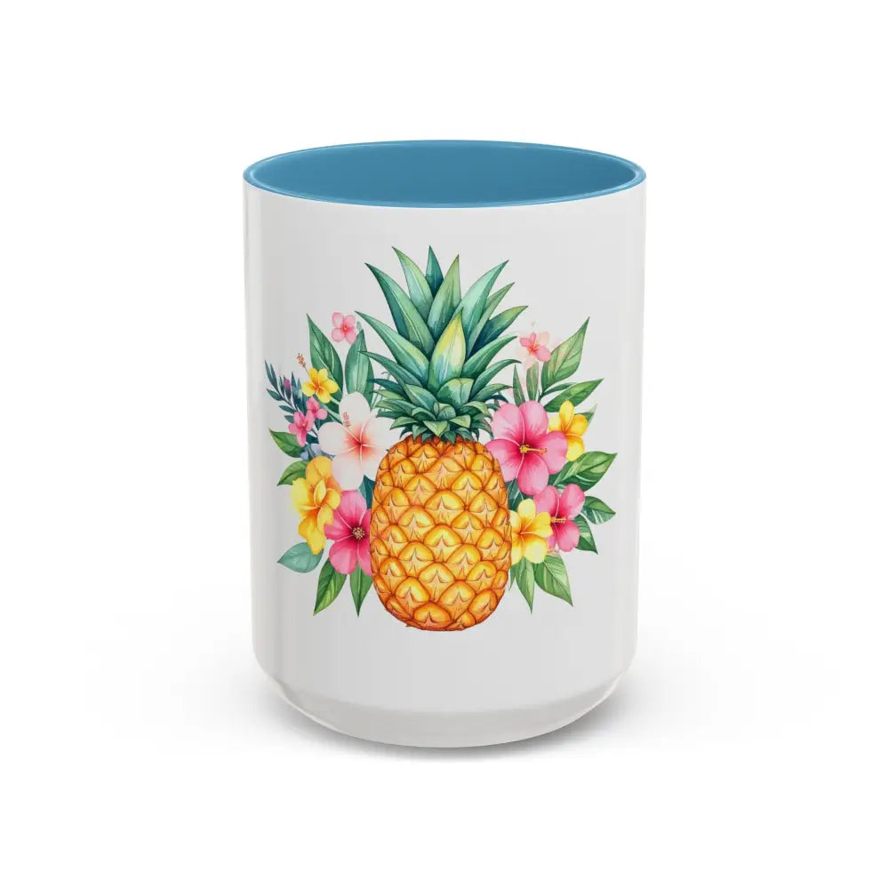 Pineapple & Tropical Flowers Coffee Mug | Bright Island Design | Fun Gift for Coffee & Tea Lovers 15oz / Light Blue Mug