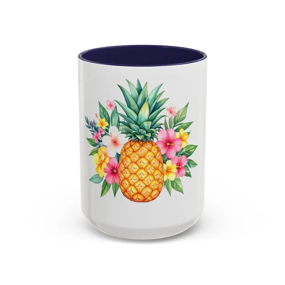 Pineapple & Tropical Flowers Coffee Mug | Bright Island Design | Fun Gift for Coffee & Tea Lovers 15oz / Navy Mug