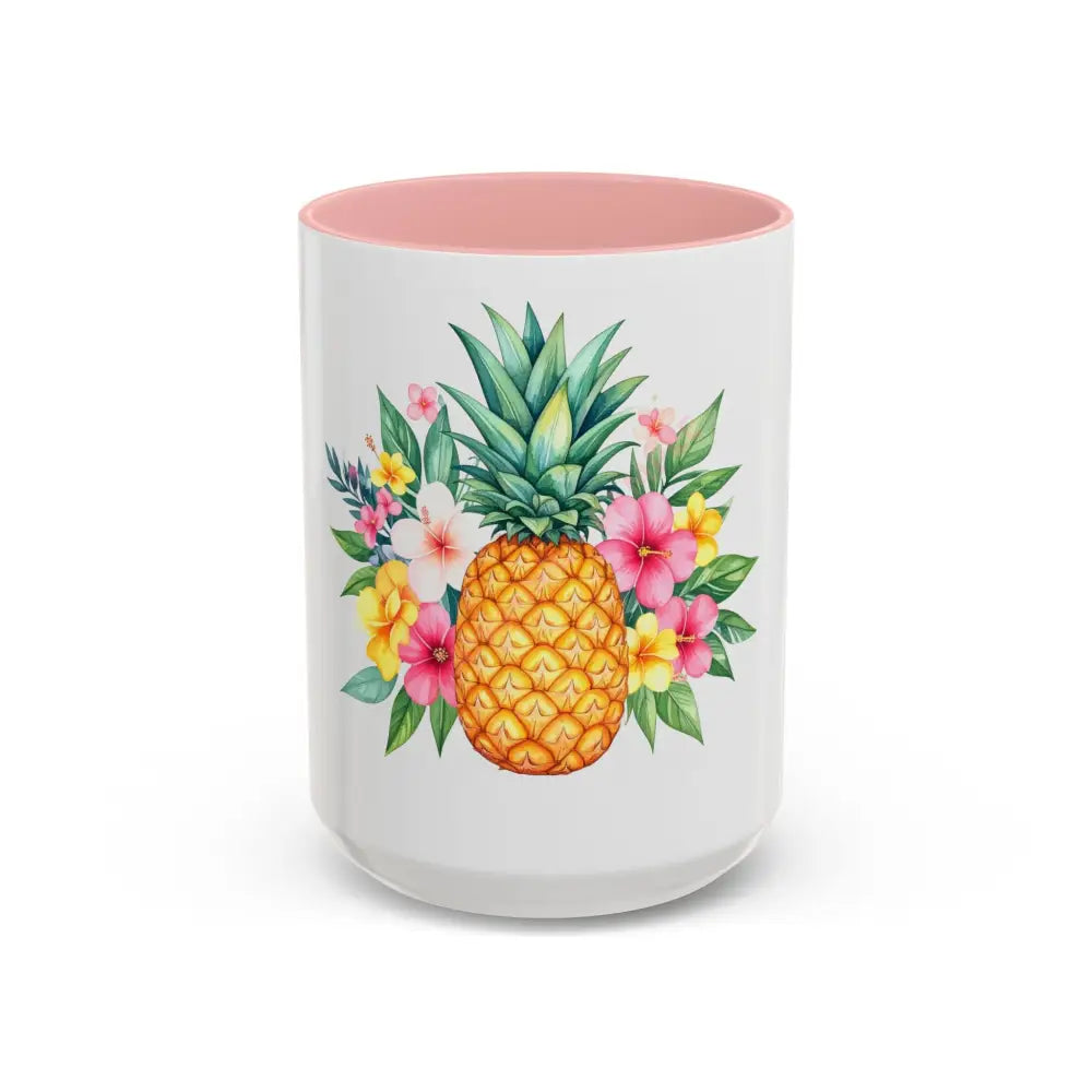 Pineapple & Tropical Flowers Coffee Mug | Bright Island Design | Fun Gift for Coffee & Tea Lovers 15oz / Pink Mug