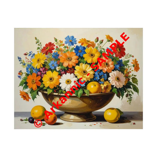 Radiant Botanical Bounty: Vibrant Floral Still Life Realist Pedestal Arrangement Poster 14″ x 11″ Poster
