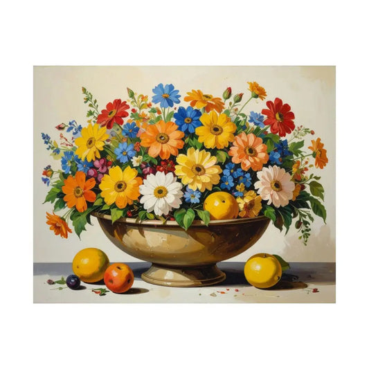 Radiant Botanical Bounty: Vibrant Floral Still Life Realist Pedestal Arrangement Poster 14″ x 11″ Poster