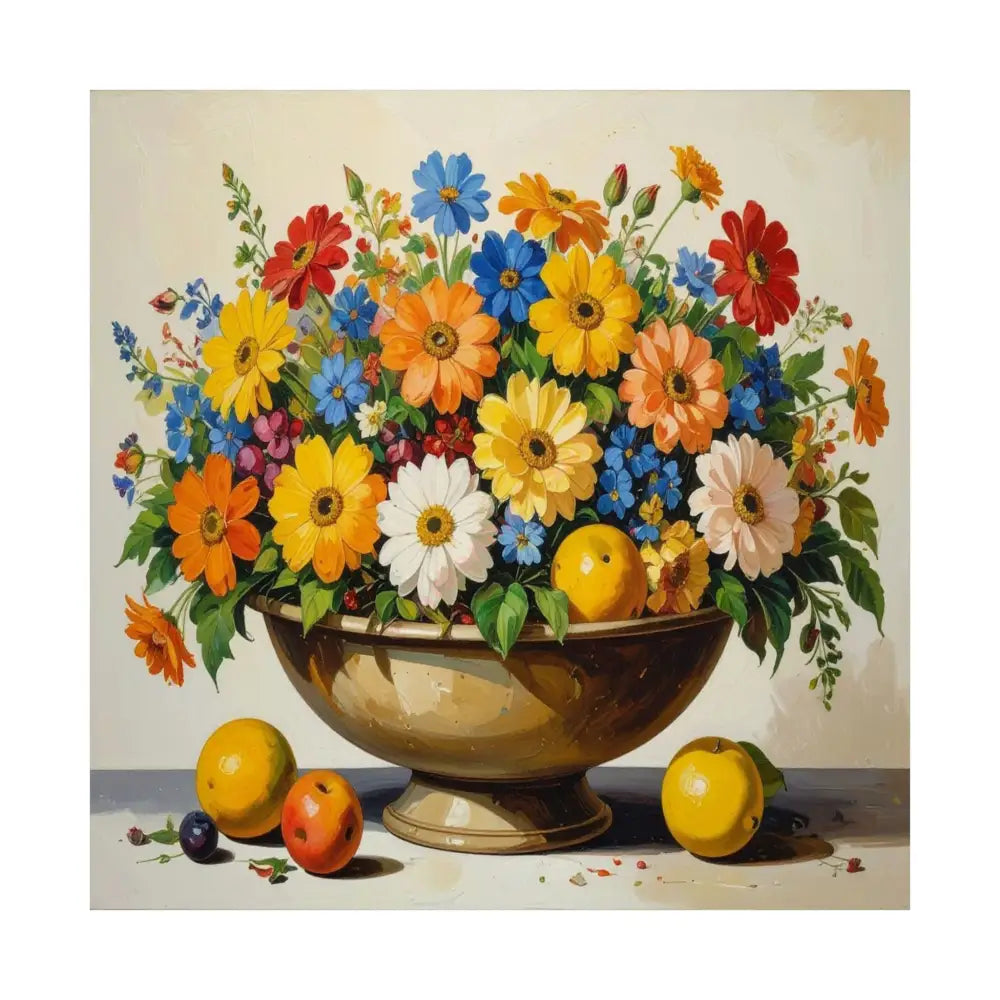 Radiant Botanical Bounty: Vibrant Floral Still Life Realist Pedestal Arrangement Poster 14’’ x 14’’ Poster