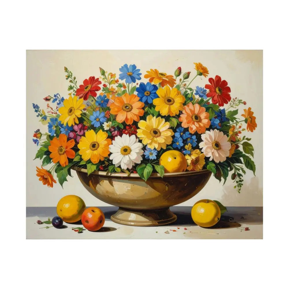 Radiant Botanical Bounty: Vibrant Floral Still Life Realist Pedestal Arrangement Poster 20″ x 16″ Poster