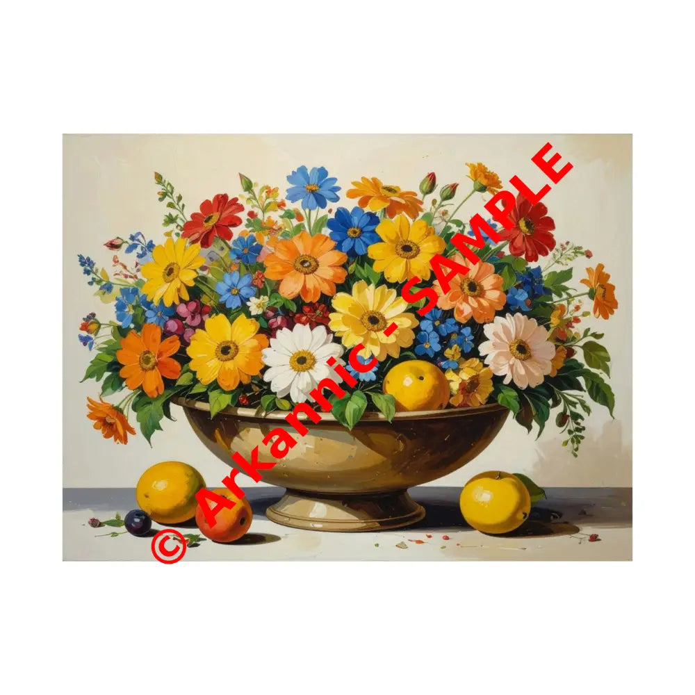 Radiant Botanical Bounty: Vibrant Floral Still Life Realist Pedestal Arrangement Poster 24″ x 18″ Poster
