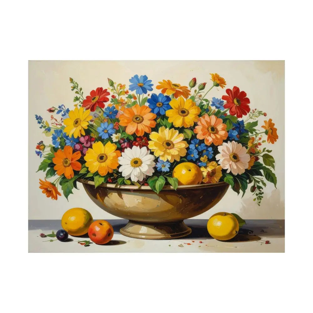 Radiant Botanical Bounty: Vibrant Floral Still Life Realist Pedestal Arrangement Poster 24″ x 18″ Poster