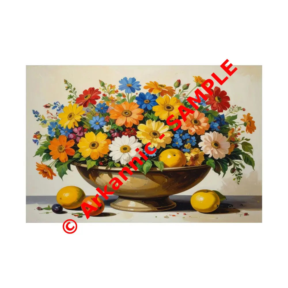 Radiant Botanical Bounty: Vibrant Floral Still Life Realist Pedestal Arrangement Poster 30″ x 20″ Poster