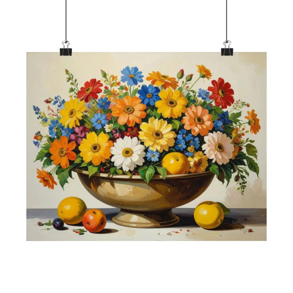 Radiant Botanical Bounty: Vibrant Floral Still Life Realist Pedestal Arrangement Poster Poster