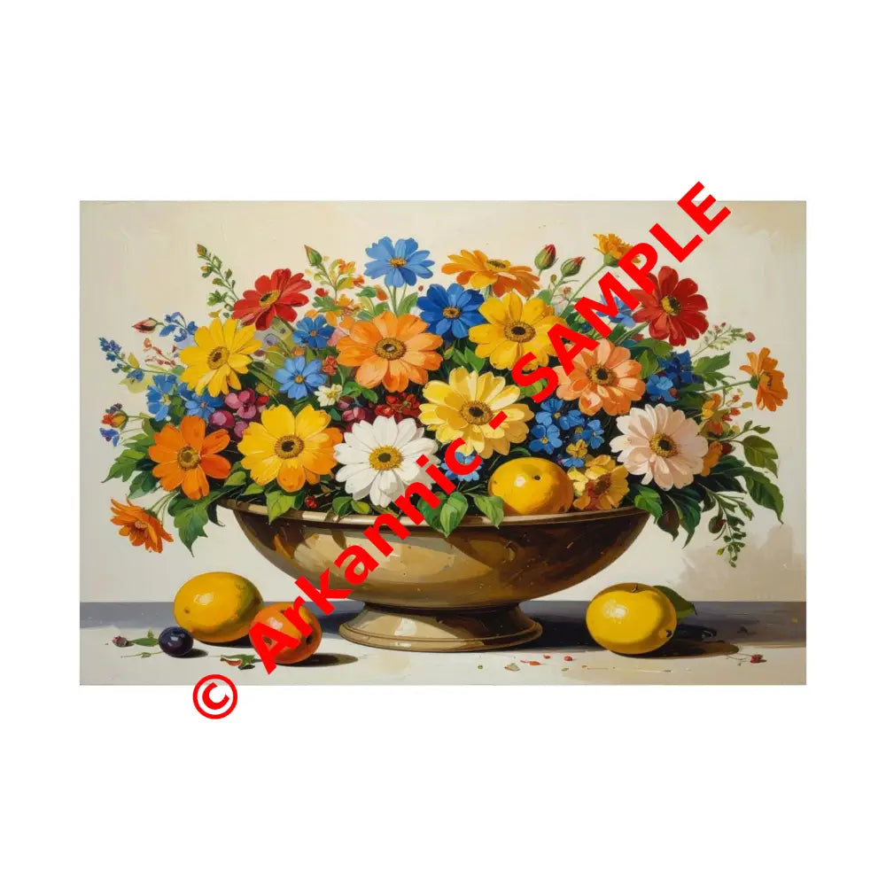 Radiant Botanical Bounty: Vibrant Floral Still Life Realist Pedestal Arrangement Poster 36″ x 24″ Poster