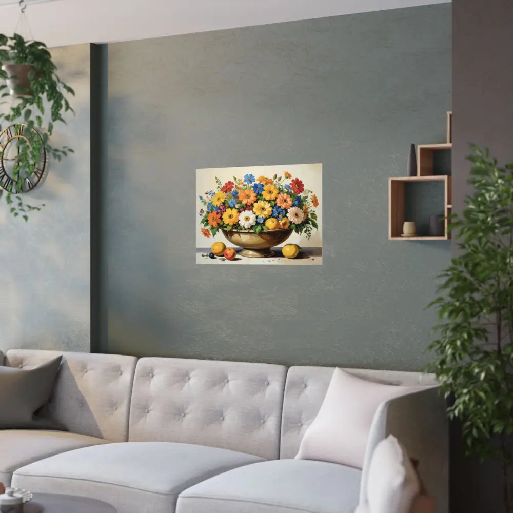 Radiant Botanical Bounty: Vibrant Floral Still Life Realist Pedestal Arrangement Poster Poster