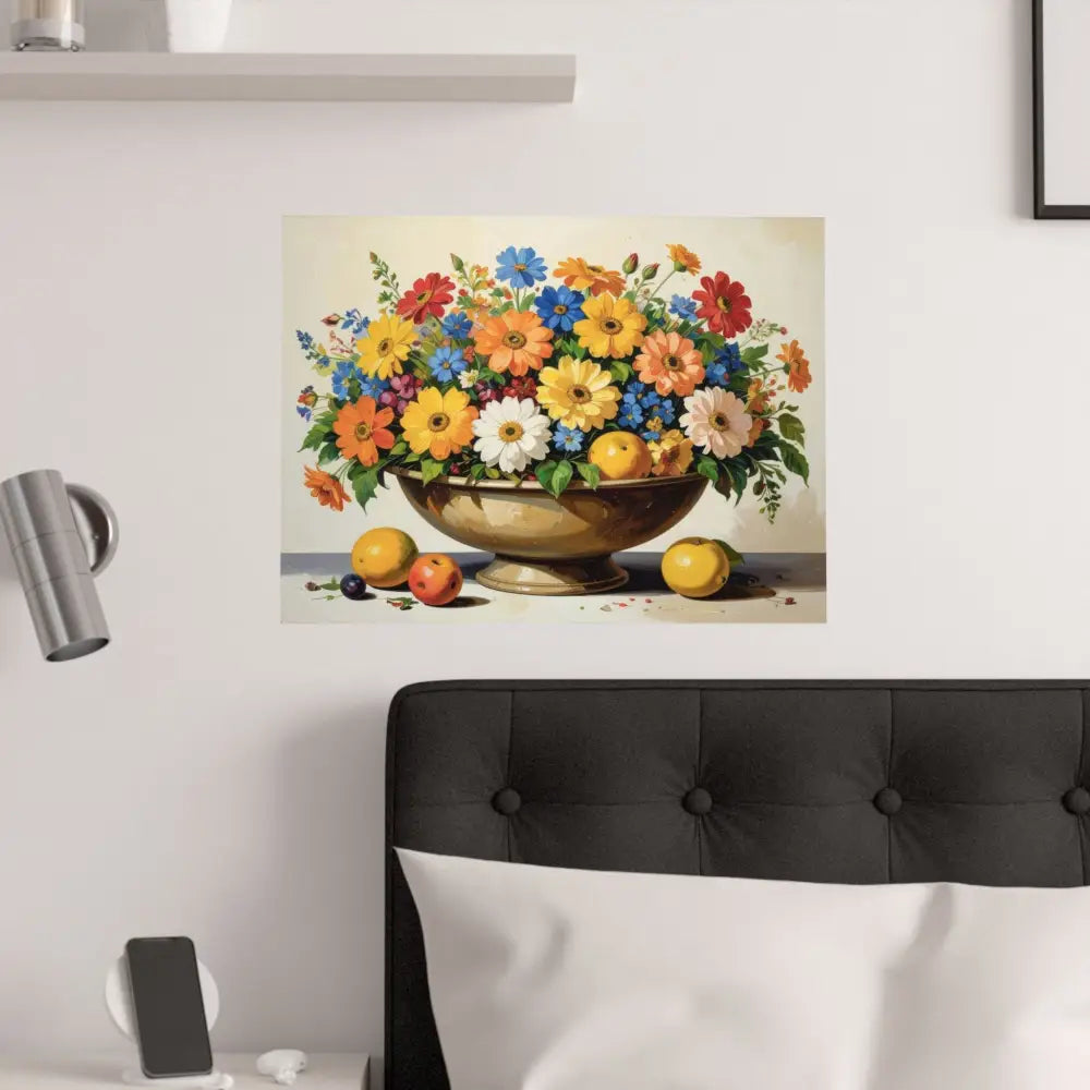 Radiant Botanical Bounty: Vibrant Floral Still Life Realist Pedestal Arrangement Poster Poster